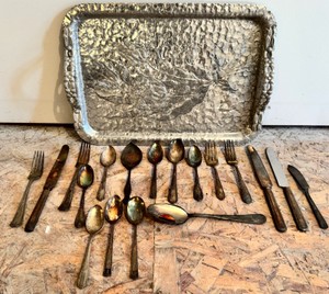 UG - Hammered Metal Tray & Mixed Flatware Lot