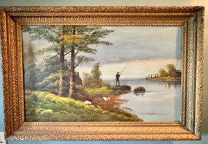 H - Antique 19thEarly 20th C. Landscape Painting - Fisherman by Mist-Covered Lake