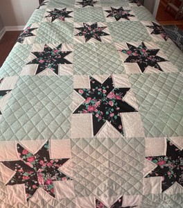 Amish Handmade Floral Star Patchwork Quilt  Sage Green, Black & Pink