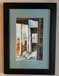 Framed Original Watercolor  Rustic Winter Farmhouse & Barn Scene