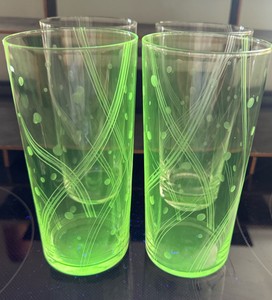 KD- Vintage Uranium Glass Tumblers  Set of 4 Etched Green Drinking Glasses