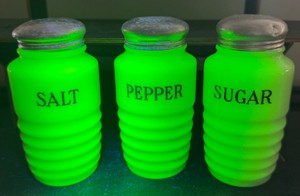 Vintage Uranium Glass Salt, Pepper & Sugar Shaker Set  Glows Under UV