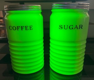 Vintage Uranium Glass Coffee & Sugar Canister Set  Ribbed Green Glass  UV Glow