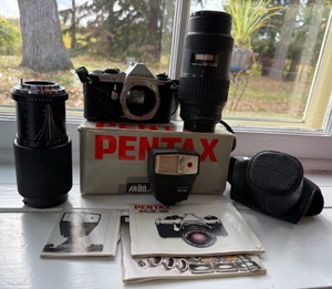 Vintage Pentax ME Super 35mm SLR Camera Lot with Lenses & Flash