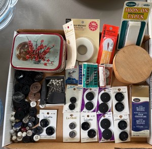 Vintage Sewing & Mending Notion Lot  Buttons, Trims, & Collectible Tins