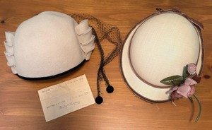 UP -Merrimag Hat Corp. 100% Wool Pillbox Cap with Birdcage Veil & 1962 Receipt