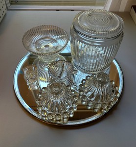 UK - Vintage Ribbed Clear Pressed Glass Vanity Set with Mirrored Tray