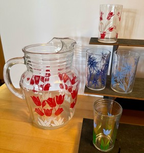 Vintage Mid-Century Red Tulip & Floral Glass Pitcher & Tumbler Set