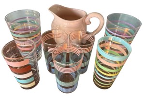 Vintage Mid-Century Pastel Striped Tumbler & Pink Pitcher Set