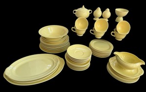 D - Vintage Pastel Yellow LuRay Ceramic Dinnerware & Serving Set