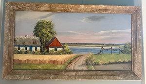 B2-Vintage European Cottage Coastal Landscape Oil Painting  Signed L. Alring