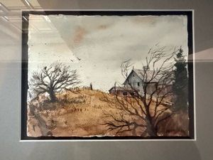 B2-Original Signed Landscape Watercolor Painting - Blustery Day, Barn East of Cumberland (2013)