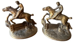 LR - Vintage Hubley Cast Iron Steeplechase Horse & Jockey Bookends