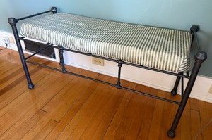 Vintage-Style Wrought Iron Bench with Striped Upholstery