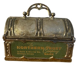 UK- Vintage Northern Trust Co. Chicago Metal Treasure Chest Coin Bank