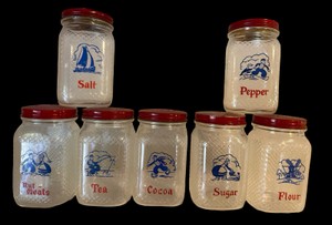 UK-  Vintage Hazel-Atlas Dutch-Themed Glass Kitchen Spice & Canister Jar Lot