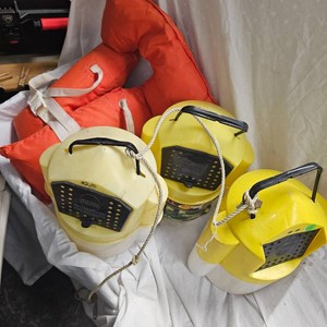 Lot of 3 Minnow Buckets and Life Jacket