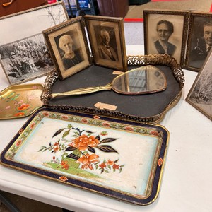 Vintage Brass Frames Trays Hand Mirror & Old Photos