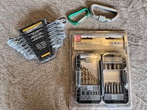 Drill Drive Set, Seven Piece Wrench Set and Two Carabiners
