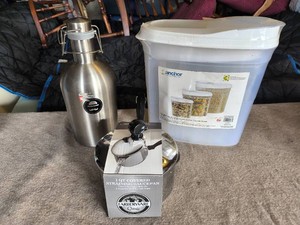 Anchor Home Collection Storage Containers(3pc), 1Qt Covered Straining Saucepan, 64oz Stainless Steel Flip-Top Growler- ALL NEW-Lot of 3