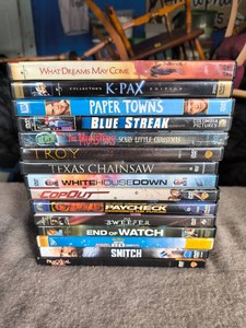 DVDS -Blue Streak-Texas Chainsaw-CopOut-The Munsters-What Dreams May Come-Troy-Paycheck-Paper Towns-White House Down-End of Watch-Snitch-The Sweeper-K-Pax- Lot of 15