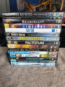 DVDS Seabiscuit - 5050 - Guilty By Suspicion - Casino Royale 007 - Blue Collar Comedy Tour - Meet the Robertsons - Clash of theTitans - Nancy Drew - Timeline - Alexander Revisited - Lot of 15