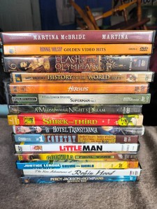 DVDS - Hotel Transylvania, Shrek the 3rd, Little Man, Justice League, Hercules, A Midsummers Night Dream, Superman Vol 2, Clash of the Olympians, Ronnie Milsap, Martina McBride- Lot of 15