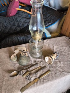 Vintage Oil Lamp - Vintage Bronze Bell with leather strap - Vintage Wind Chime with Lady and Silverware -3 Piece lot