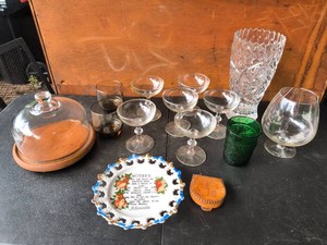 Cake stand with Glass Lid, Vase, Sherbert Cups, Cognac Glass, Drinking glassware, Decorative Mother Plate, Coin Purse - Lot of 14