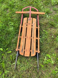 Vintage Wooden and Metal Snow Sled with Steering Crossbar