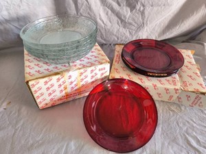 Princess House Heritage Ruby red(4) and Fantasia clear Salad plates(4)-NOS