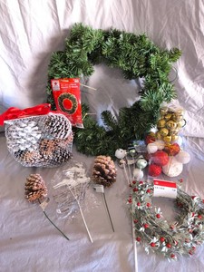 Christmas Decor-Pre Lit Wreath,Pine cones,Picks,Ornaments and Wire Garland