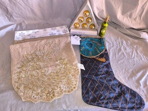 HOLIDAY DECOR- Drawer Pulls, Peacock Table Runner, Peacock styledesign Stocking, Wine Bottle Tree Ornament - Lot of 4