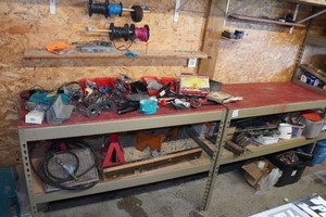 Two Metal Shelves with Contents - Wire, Jack Stands, Tape