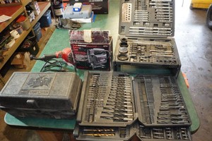 Large Assortment of Drill Bits, Belt Sander, and Saw