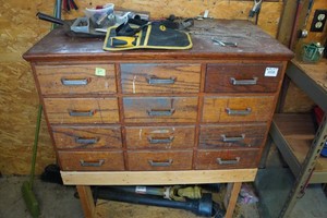 Wood Drawered Cabinet with Contents - Drill Bits, Fasteners, Clamps