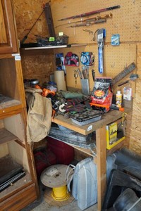 Contents of Corner - Ice Cleats, Fishing Line, Lanterns
