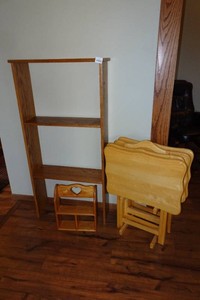 Set of Four Folding TV Trays, Bookshelf, and Wall Shelf