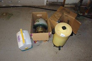 Vintage Cooler, Lamp, Coffee Urn, Irons, and Tea Kettle