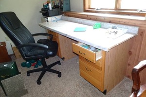 Office Desk with File Cabinet, Printer, Chair and Paper Shredder