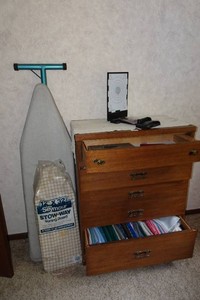 Dresser Full of Sewing Supplies and 2 Ironing Boards