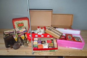 Vintage Cow Bells, Match Boxes, Perfume Bottles and Tins