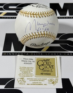 Maury Wills Autographed Gold Glove Award Official Rawlings Baseball w Authenticity