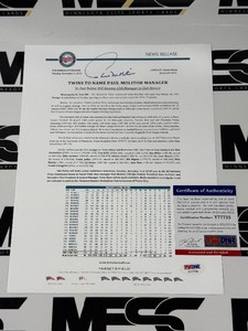 Paul Molitor Autograph w PSA DNA Authenticity Minnesota Twins Press Release