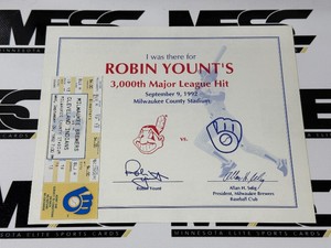 Robin Yount 3,000th Hit Ticket w Certificate - Milwaukee Brewers Baseball