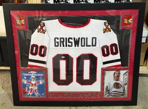Chevy Chase Autograph w/ PSA DNA Authenticity Clark Griswold Custom Framed Chicago Blackhawks Hockey Jersey