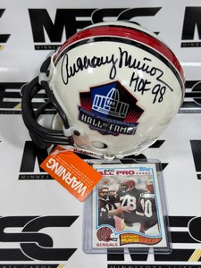 Anthony Munoz Autograph w HOF Inscription Mini Pro Football Helmet Hall of Fame Helmet and 1982 Topps Rookie Card