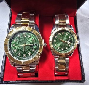 NEW AJ His & Hers Watch Set  Green Dials  Two-Tone Bracelets  Box