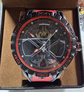 NEW AJ Smooth Sweeping Quartz Skeleton Watch  Black & Red  Exhibition Back  Box