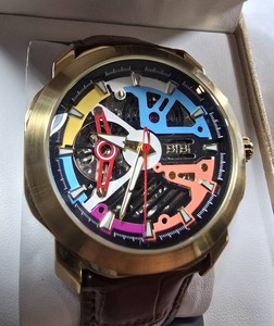 NEW BIBI Skeleton-Style Multicolor Automatic Watch  Brown Strap  Box & Accessories